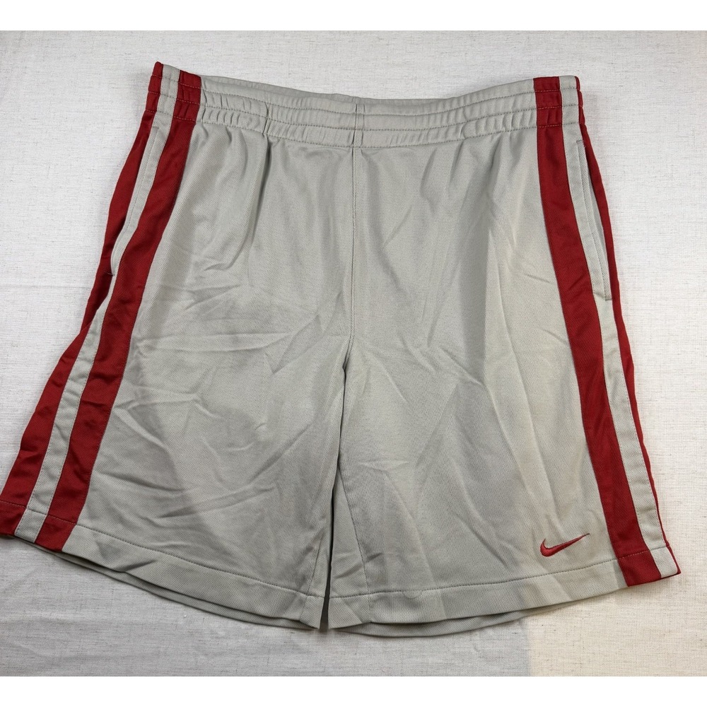 Nike Basketball Shorts Mens L Gray & Red Swoosh Athletic Y2K Hoop Shorts
